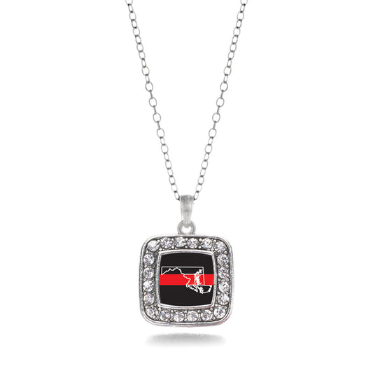 Silver Maryland Thin Red Line Square Charm Classic Necklace