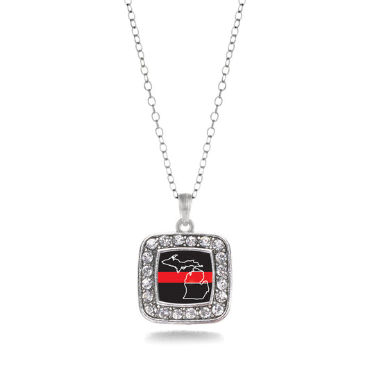 Silver Michigan Thin Red Line Square Charm Classic Necklace