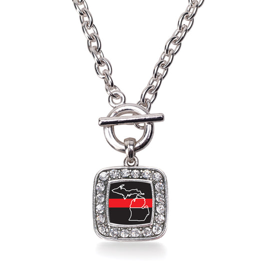 Silver Michigan Thin Red Line Square Charm Toggle Necklace