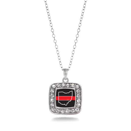 Silver Ohio Thin Red Line Square Charm Classic Necklace