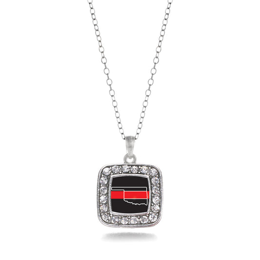 Silver Oklahoma Thin Red Line Square Charm Classic Necklace