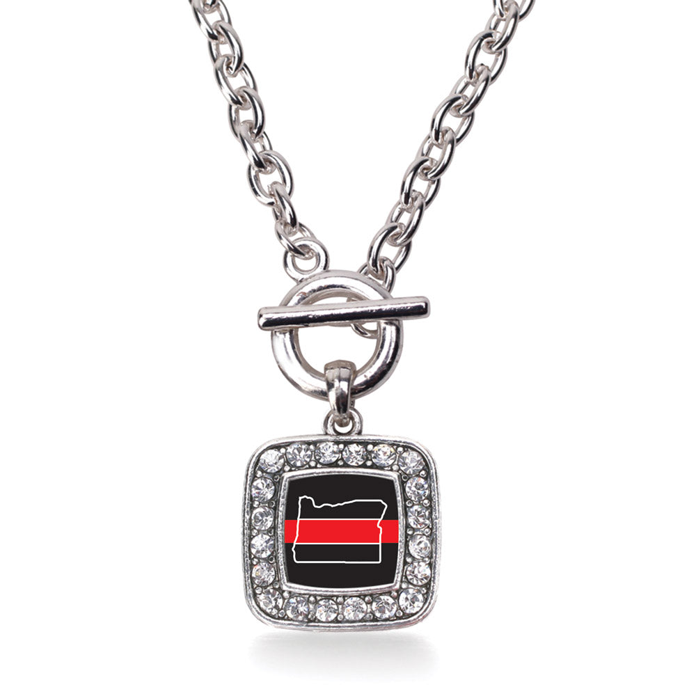 Silver Oregon Thin Red Line Square Charm Toggle Necklace