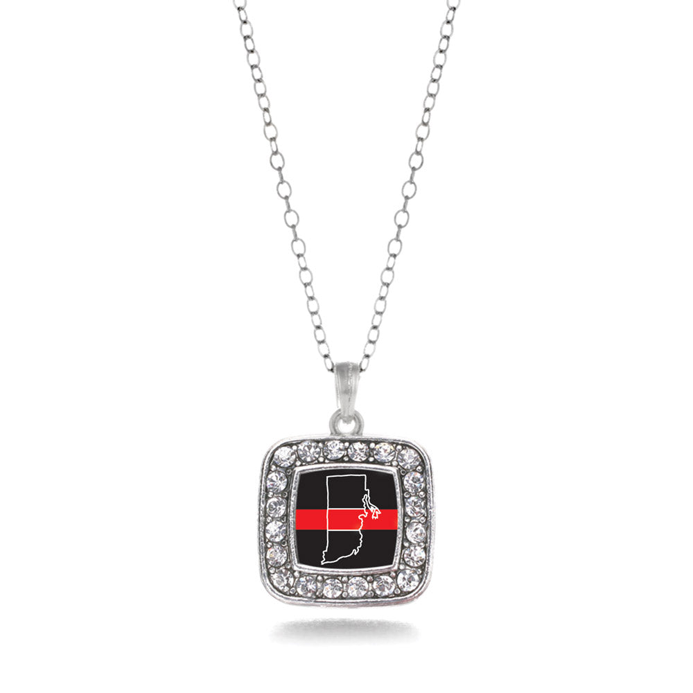 Silver Rhode Island Thin Red Line Square Charm Classic Necklace