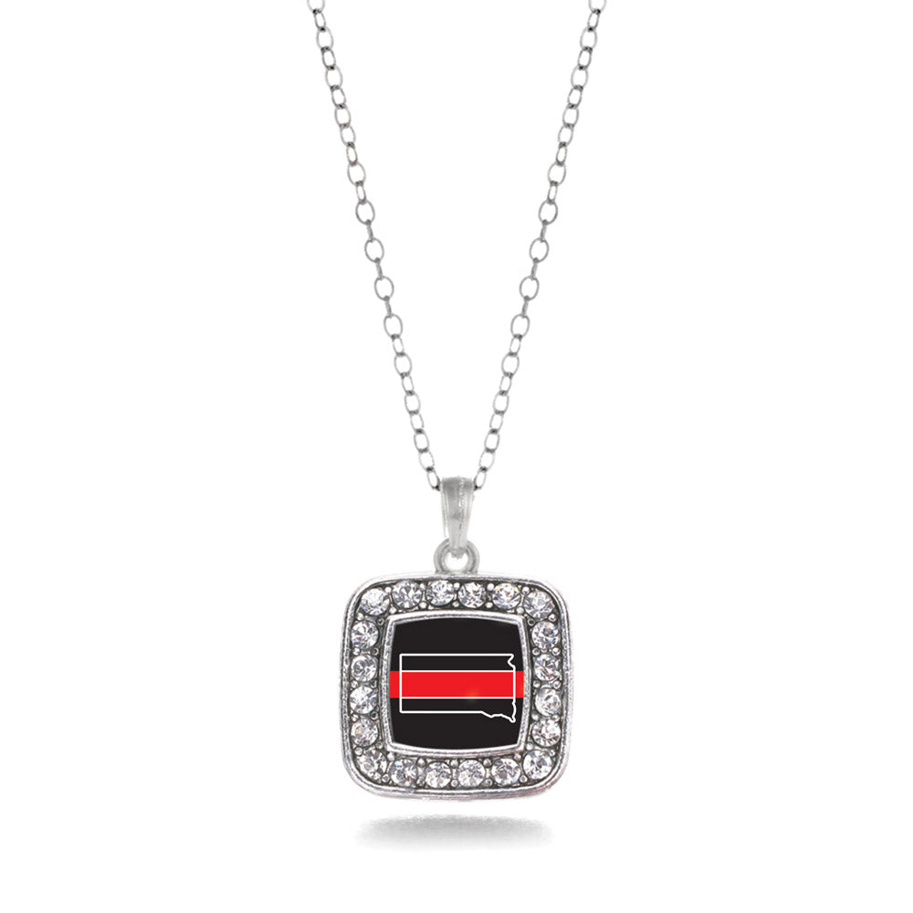 Silver South Dakota Thin Red Line Square Charm Classic Necklace