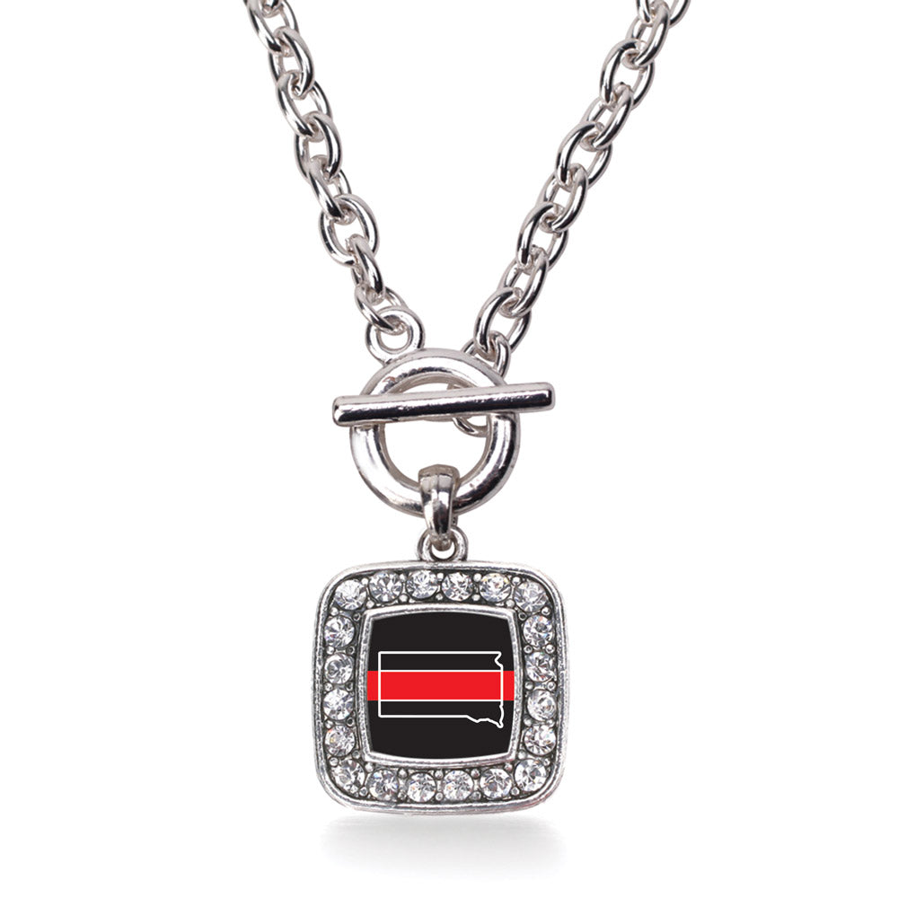 Silver South Dakota Thin Red Line Square Charm Toggle Necklace