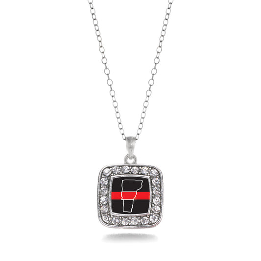 Silver Vermont Thin Red Line Square Charm Classic Necklace