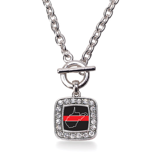 Silver West Virginia Thin Red Line Square Charm Toggle Necklace