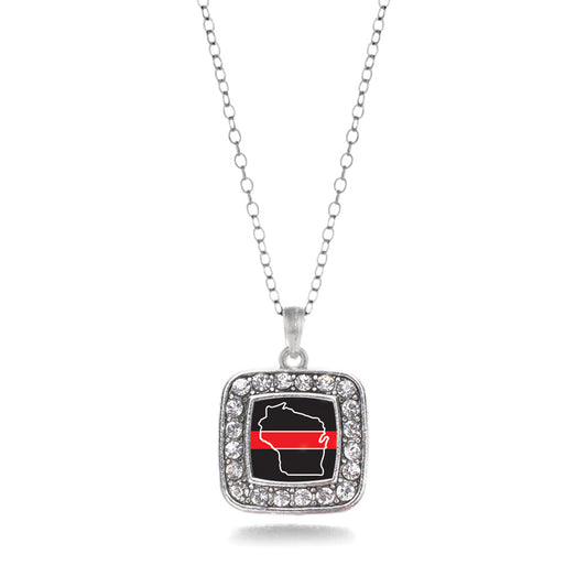 Silver Wisconsin Thin Red Line Square Charm Classic Necklace