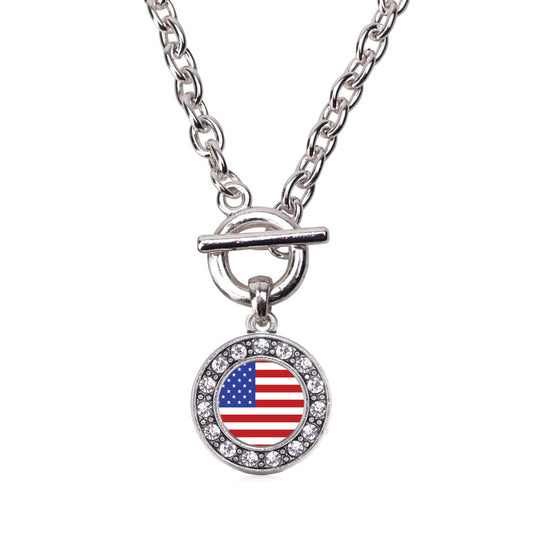 Silver American Flag Circle Charm Toggle Necklace