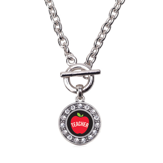 Silver Apples Are For Teachers Circle Charm Toggle Necklace