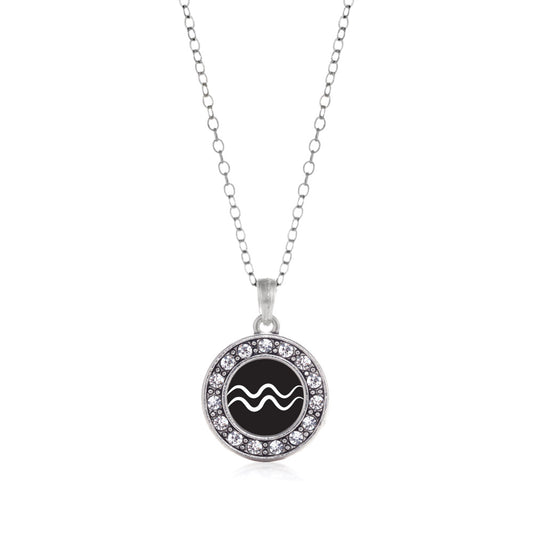 Silver Aquarius Zodiac Circle Charm Classic Necklace