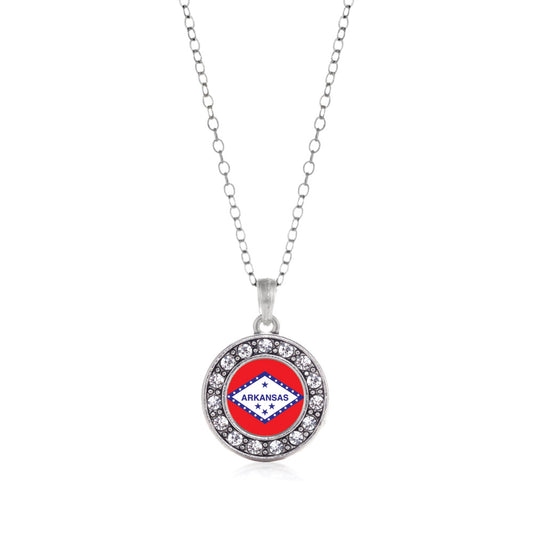 Silver Arkansas Flag Circle Charm Classic Necklace