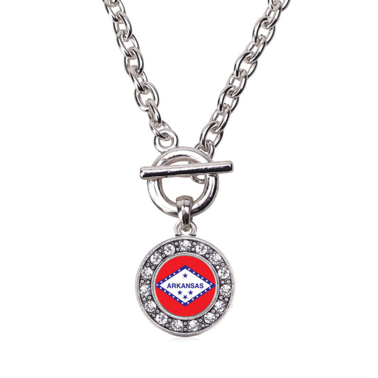 Silver Arkansas Flag Circle Charm Toggle Necklace