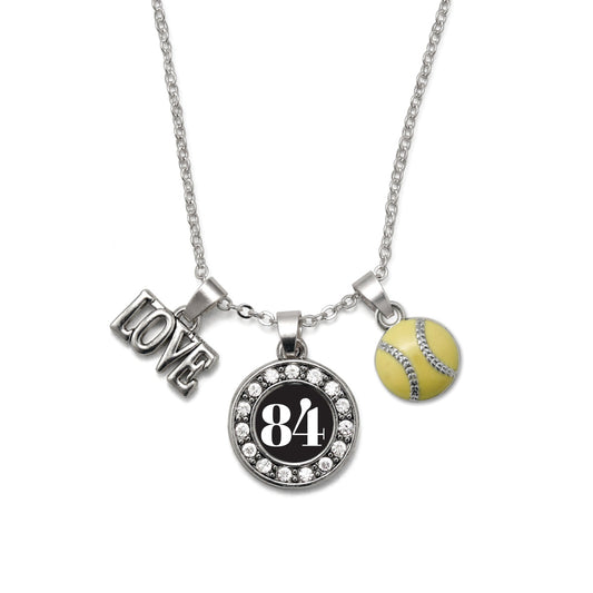 Silver Softball - Sports Number 84 Circle Charm Classic Necklace