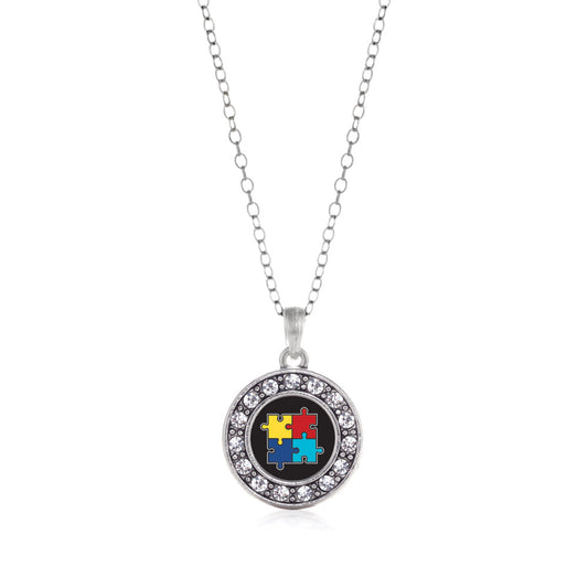 Silver Autism Awareness Jigsaw Circle Charm Classic Necklace