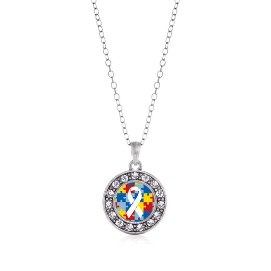 Silver Autism Jigsaw Puzzle Circle Charm Classic Necklace