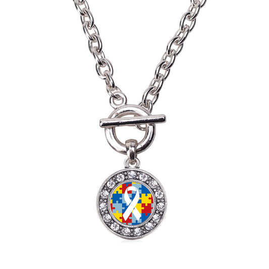 Silver Autism Jigsaw Puzzle Circle Charm Toggle Necklace