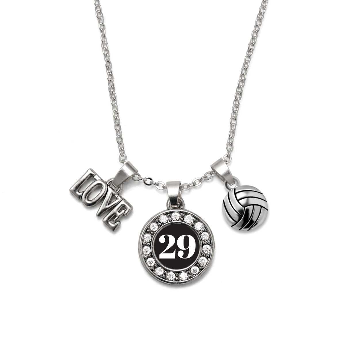 Silver Volleyball - Sports Number 29 Circle Charm Classic Necklace