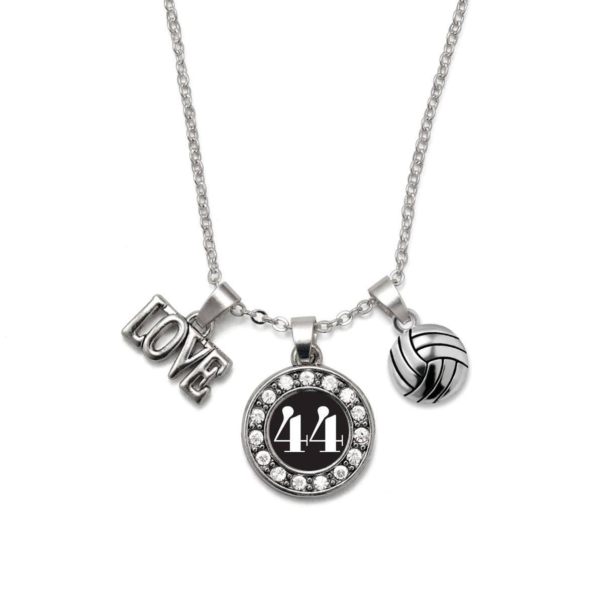 Silver Volleyball - Sports Number 44 Circle Charm Classic Necklace