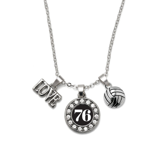 Silver Volleyball - Sports Number 76 Circle Charm Classic Necklace