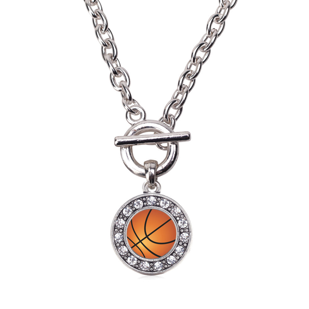 Silver Basketball Circle Charm Toggle Necklace