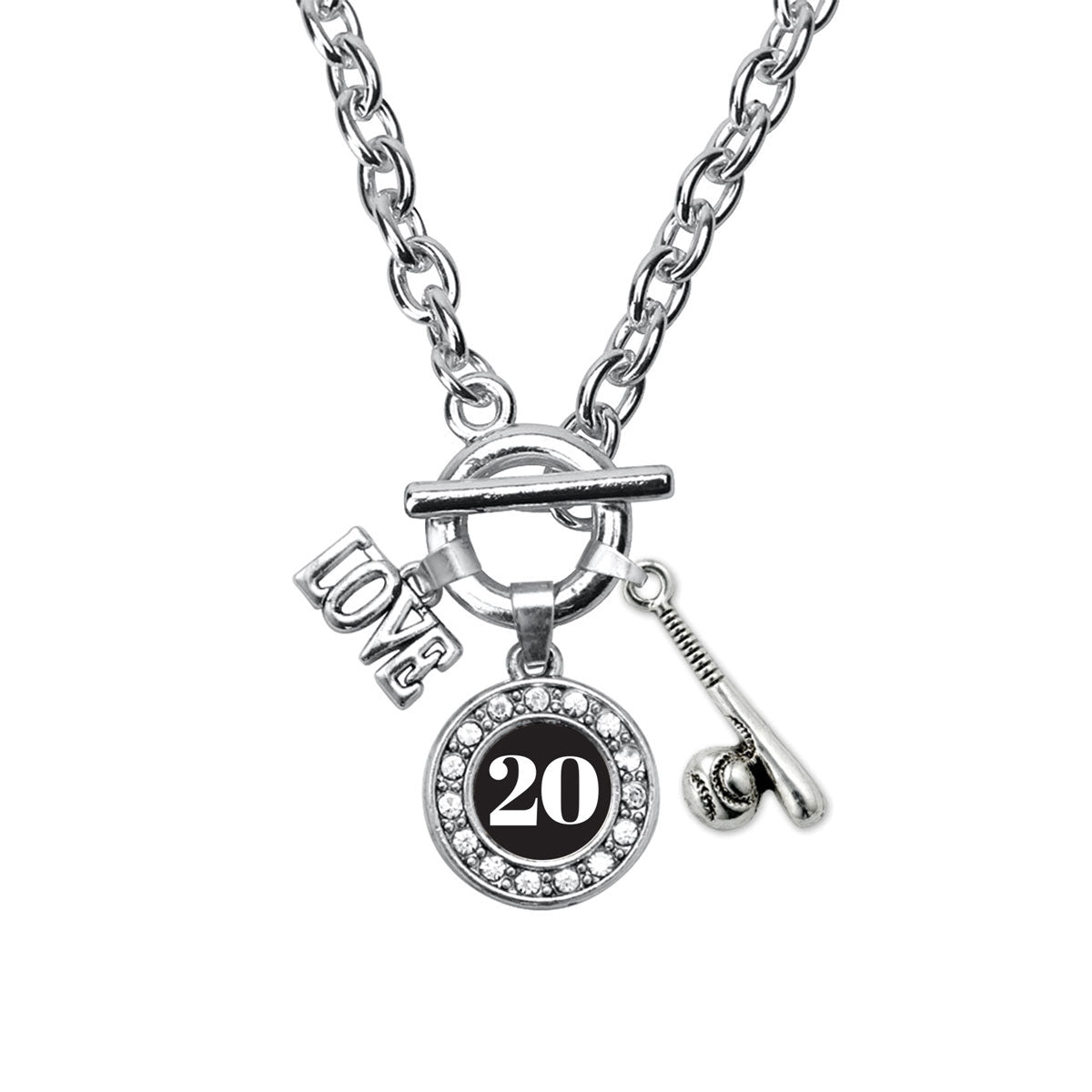 Silver Baseball Bat - Sports Number 20 Circle Charm Toggle Necklace