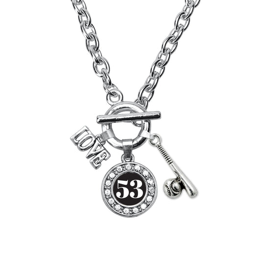 Silver Baseball Bat - Sports Number 53 Circle Charm Toggle Necklace