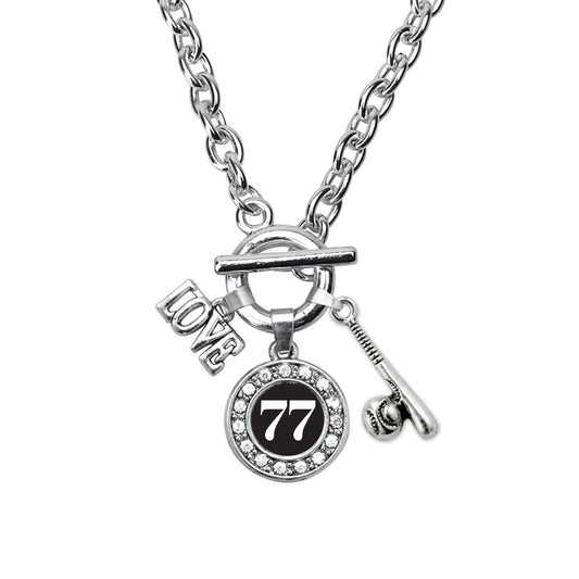 Silver Baseball Bat - Sports Number 77 Circle Charm Toggle Necklace