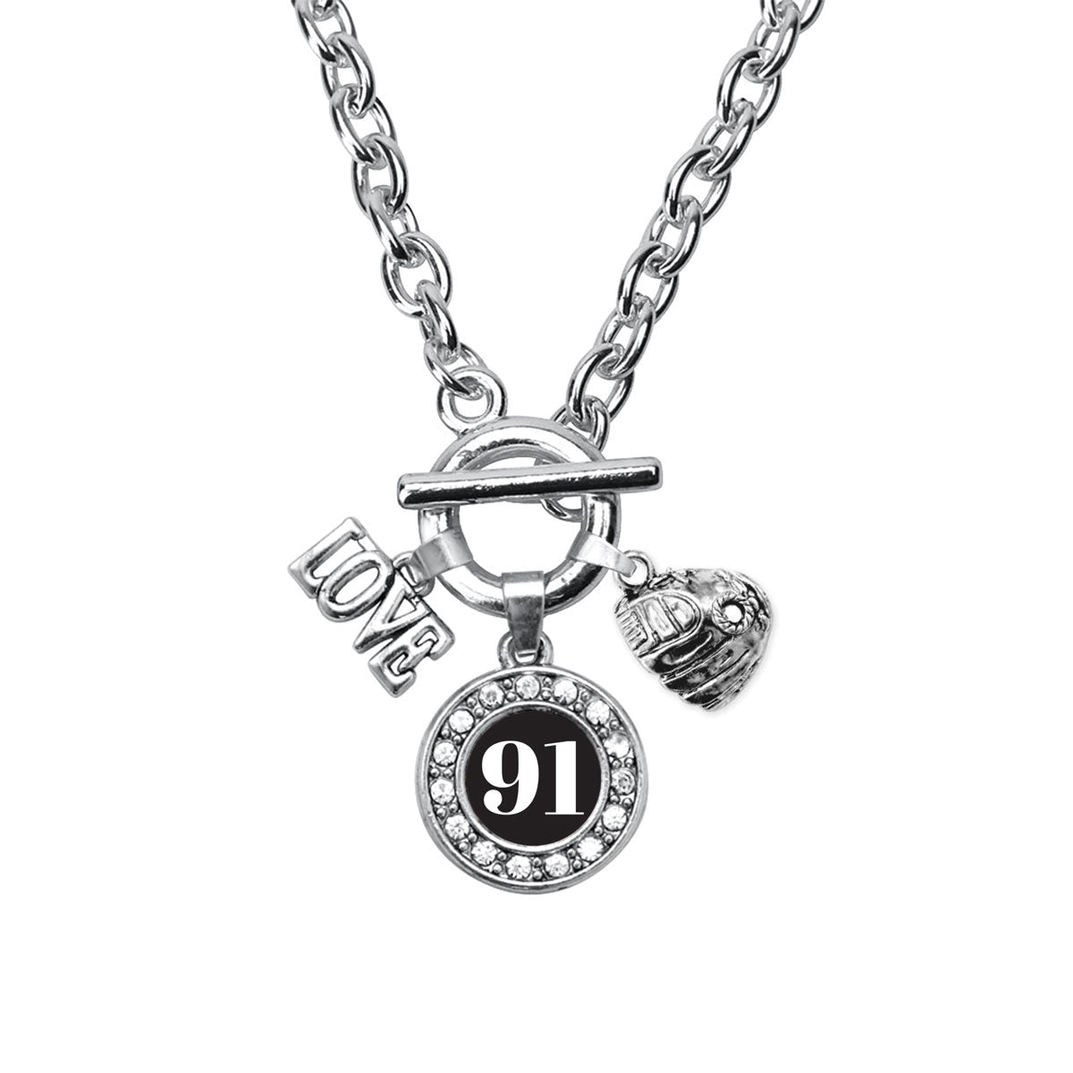 Silver Baseball Glove - Sports Number 91 Circle Charm Toggle Necklace