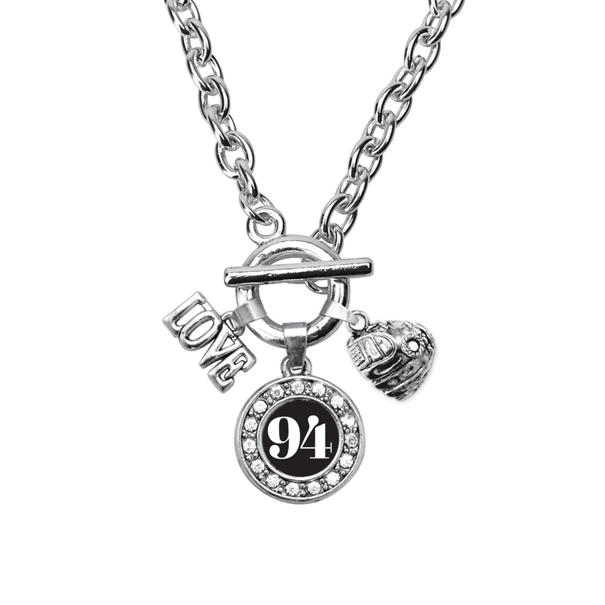Silver Baseball Glove - Sports Number 94 Circle Charm Toggle Necklace