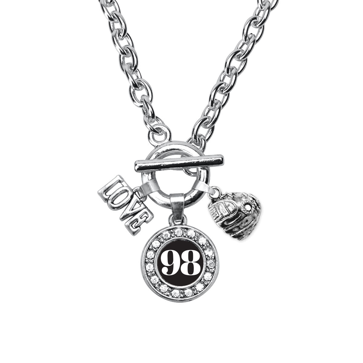 Silver Baseball Glove - Sports Number 98 Circle Charm Toggle Necklace