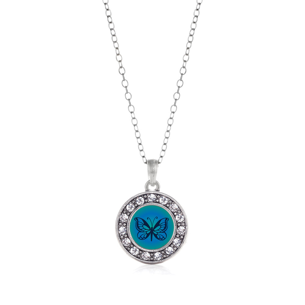 Silver Blue Butterfly Circle Charm Classic Necklace