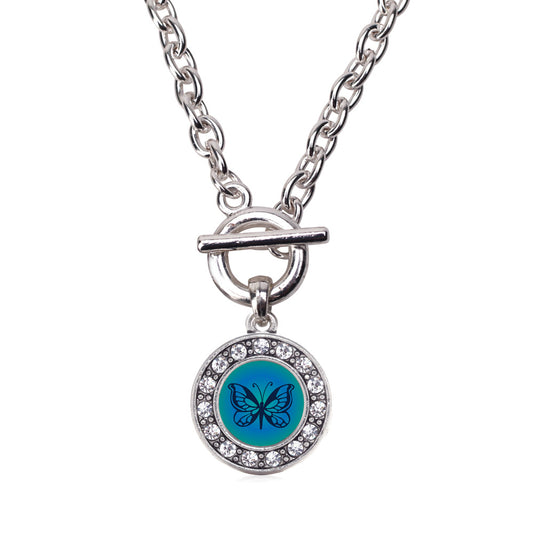 Silver Blue Butterfly Circle Charm Toggle Necklace