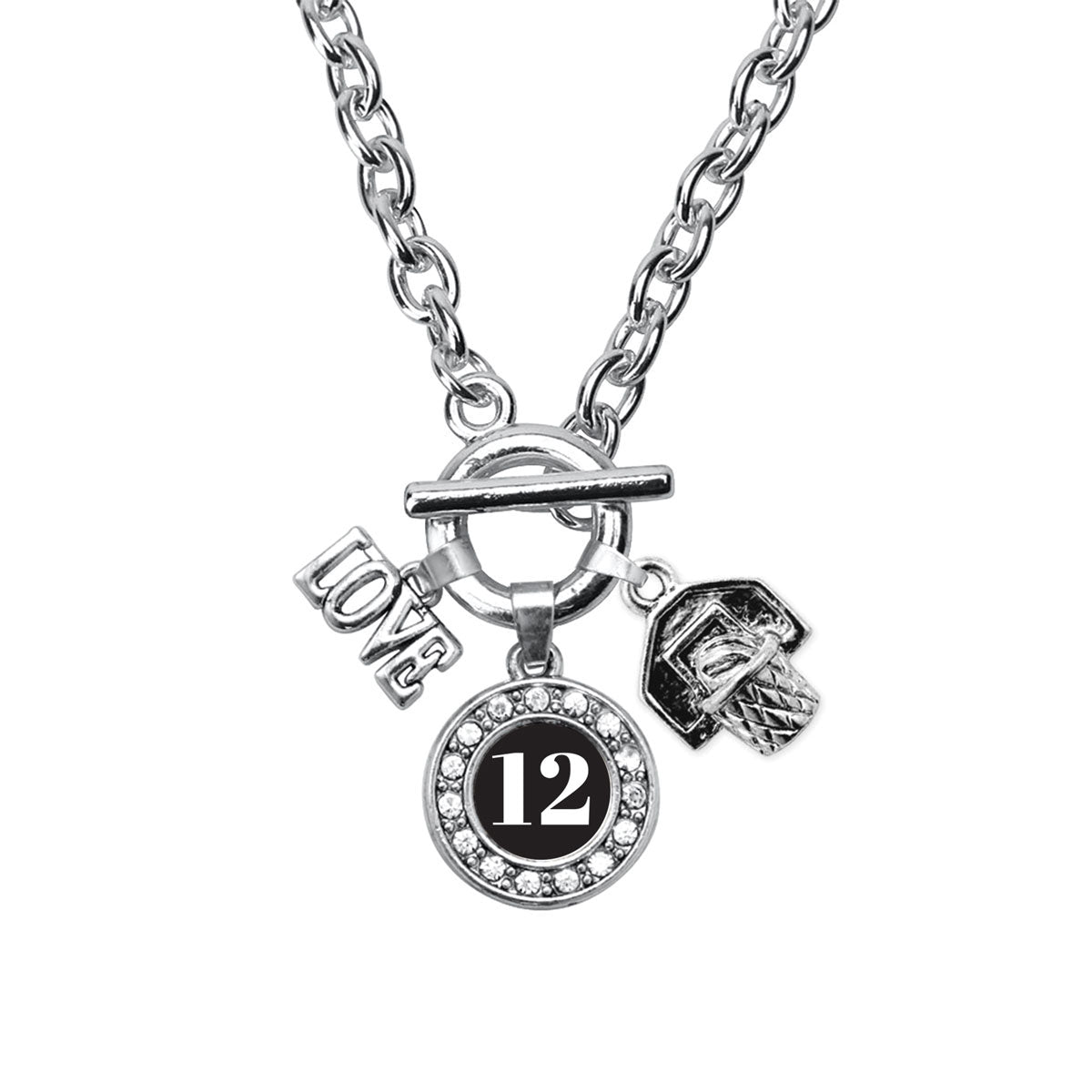 Silver Basketball Hoop - Sports Number 12 Circle Charm Toggle Necklace