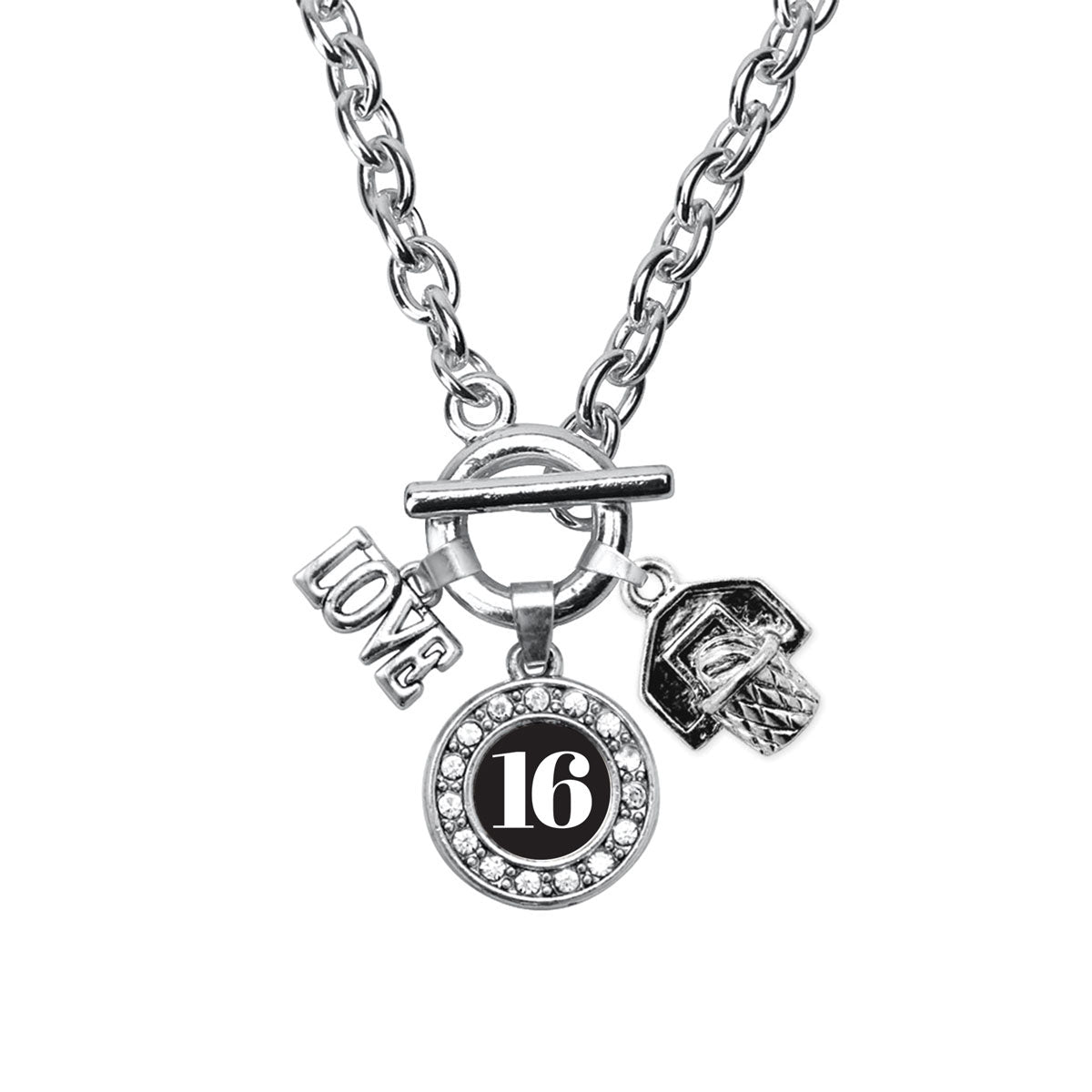 Silver Basketball Hoop - Sports Number 16 Circle Charm Toggle Necklace
