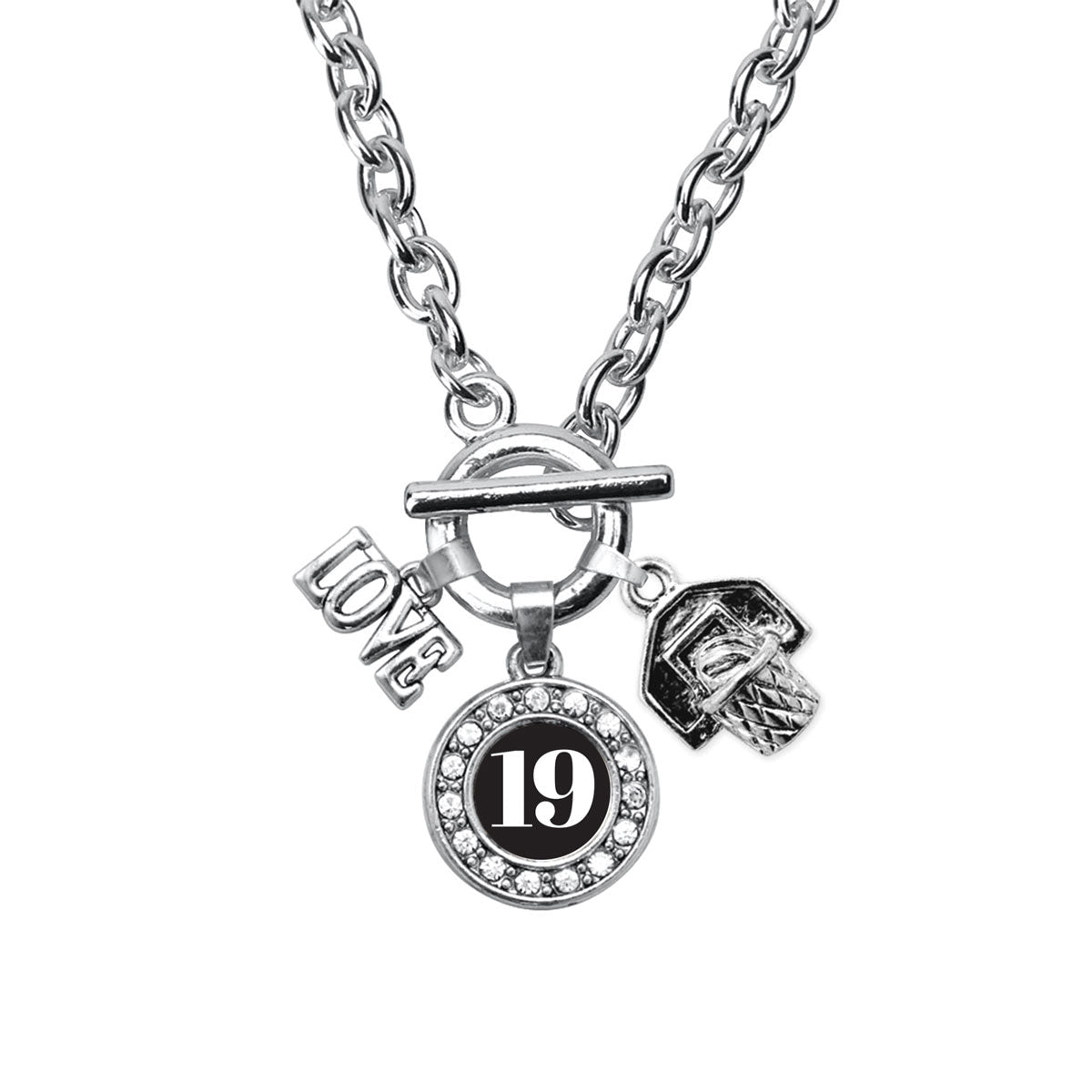 Silver Basketball Hoop - Sports Number 19 Circle Charm Toggle Necklace
