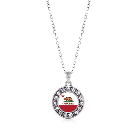 Silver California Flag Circle Charm Classic Necklace