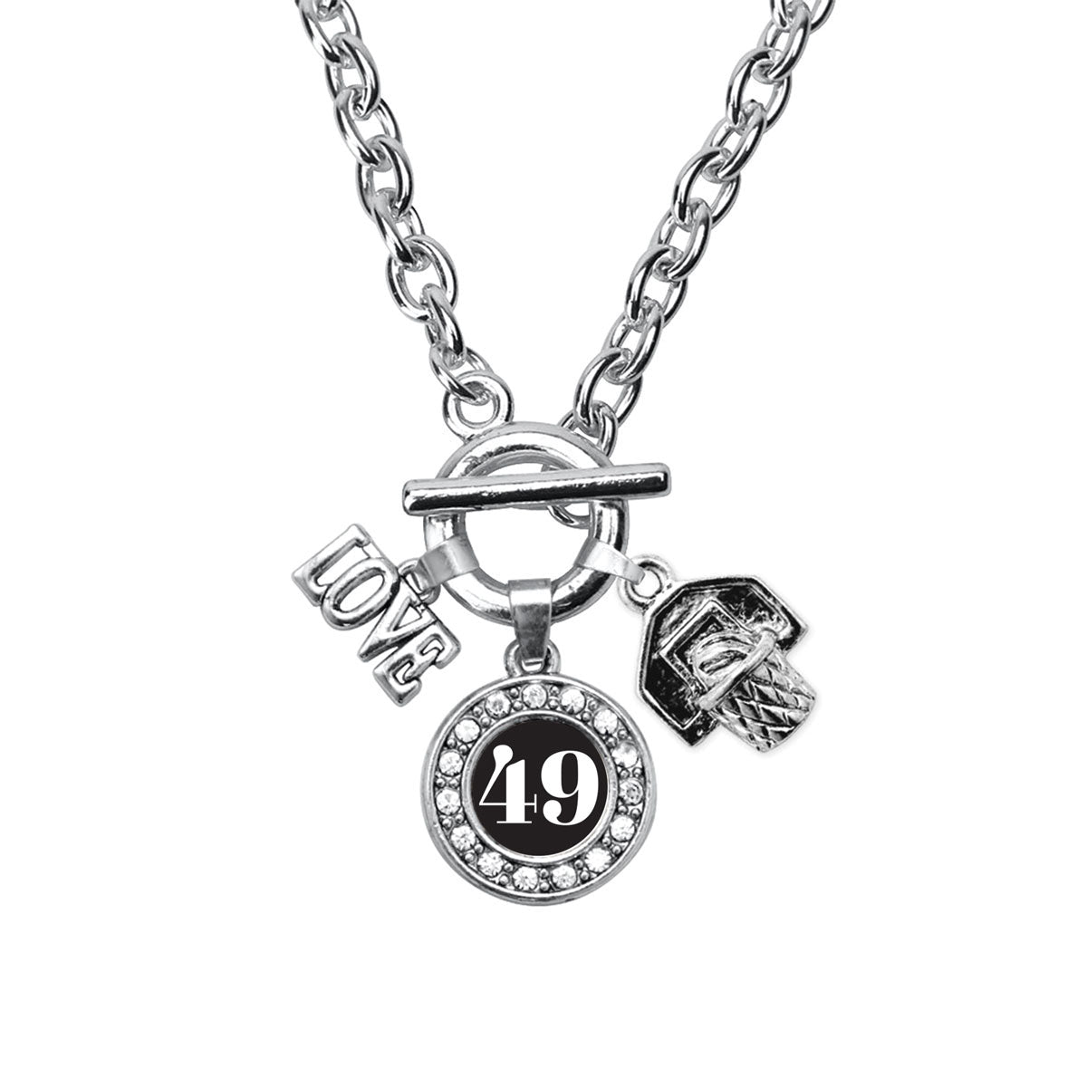 Silver Basketball Hoop - Sports Number 49 Circle Charm Toggle Necklace