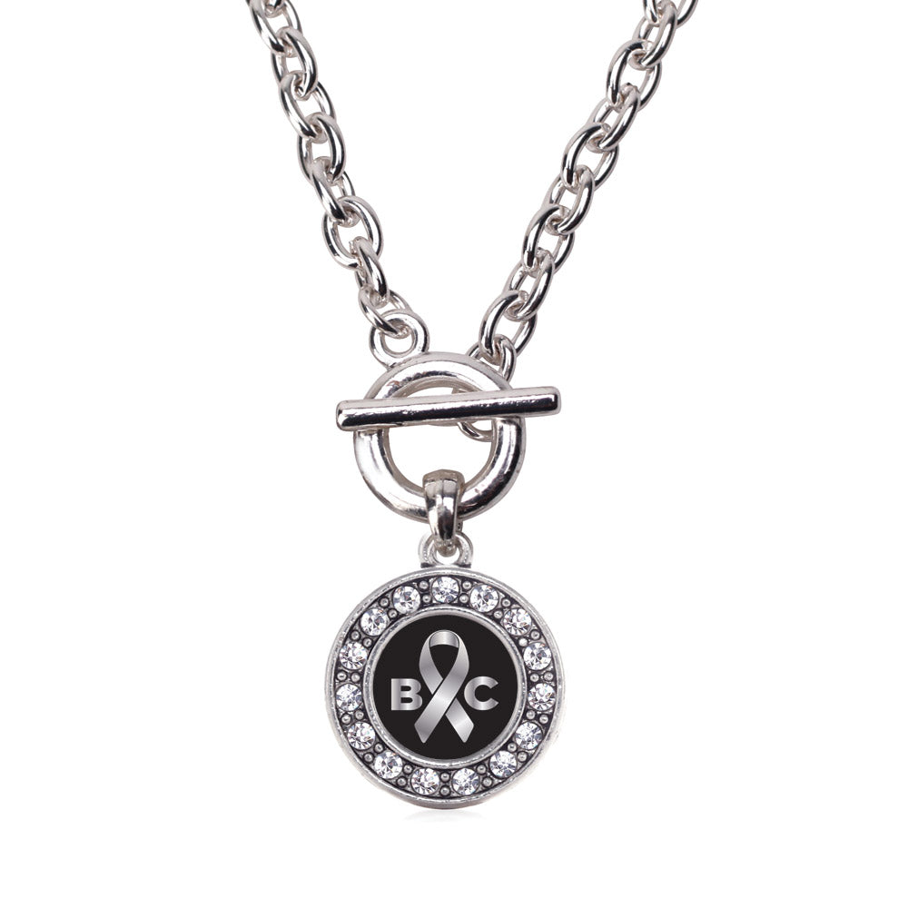 Silver Brain Cancer Awareness and Support Circle Charm Toggle Necklace