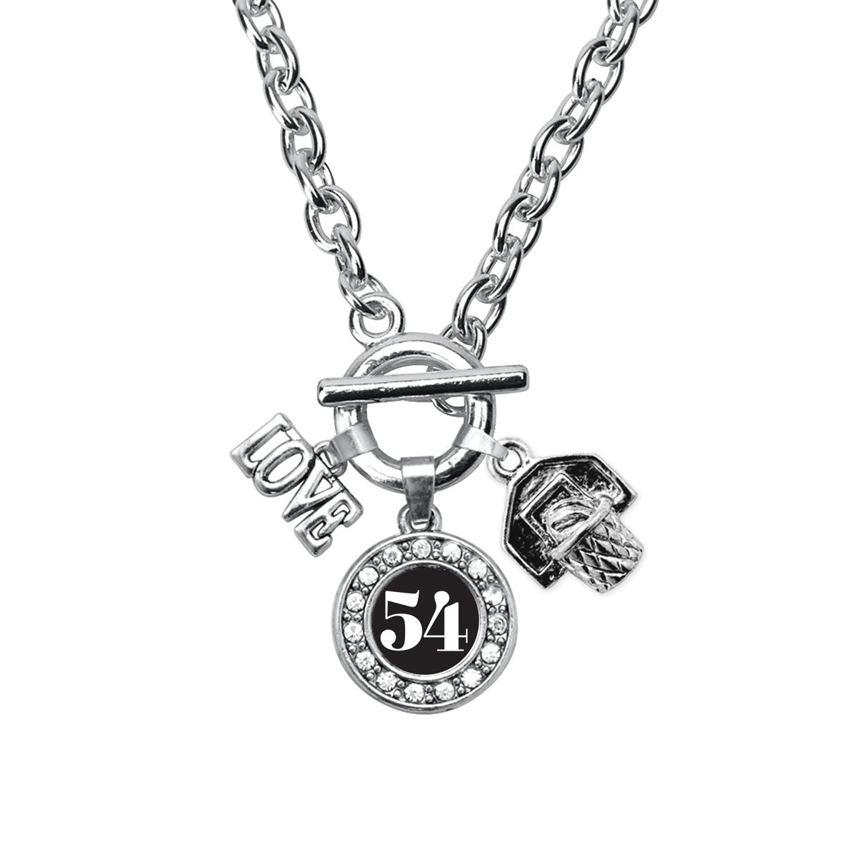 Silver Basketball Hoop - Sports Number 54 Circle Charm Toggle Necklace