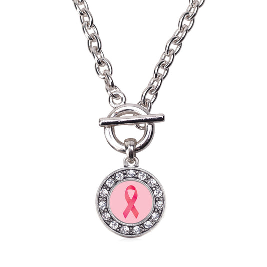 Silver Breast Cancer Circle Charm Toggle Necklace