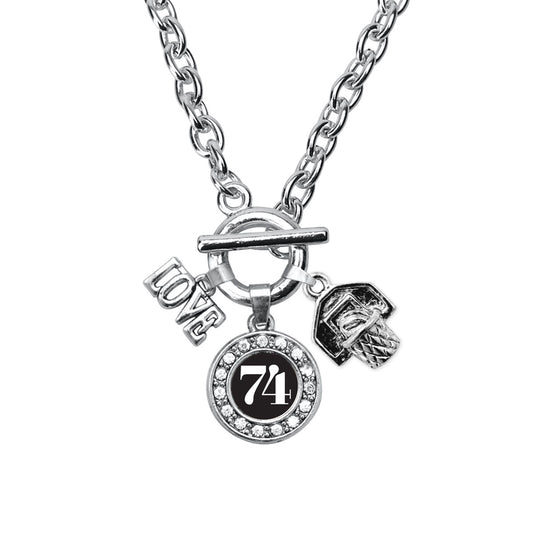 Silver Basketball Hoop - Sports Number 74 Circle Charm Toggle Necklace