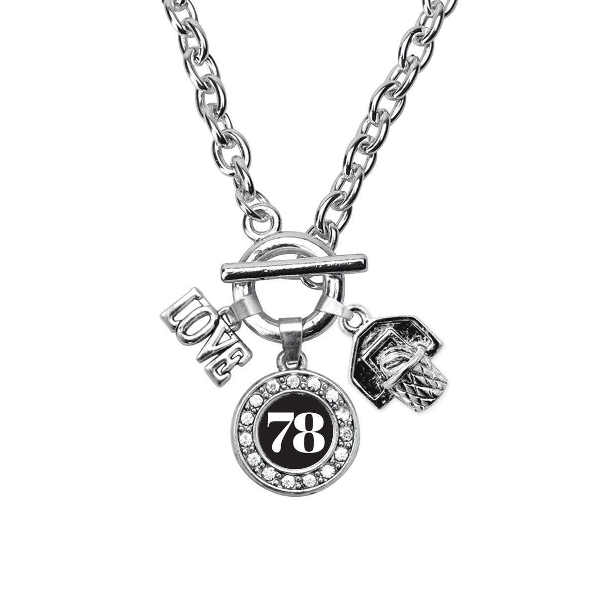 Silver Basketball Hoop - Sports Number 78 Circle Charm Toggle Necklace