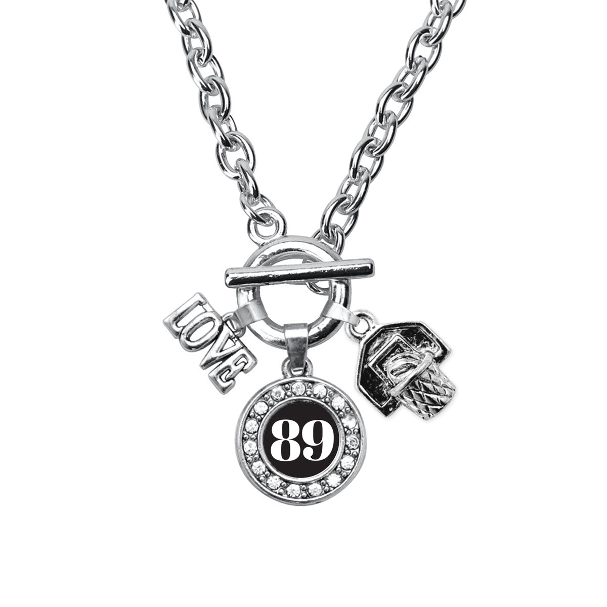 Silver Basketball Hoop - Sports Number 89 Circle Charm Toggle Necklace