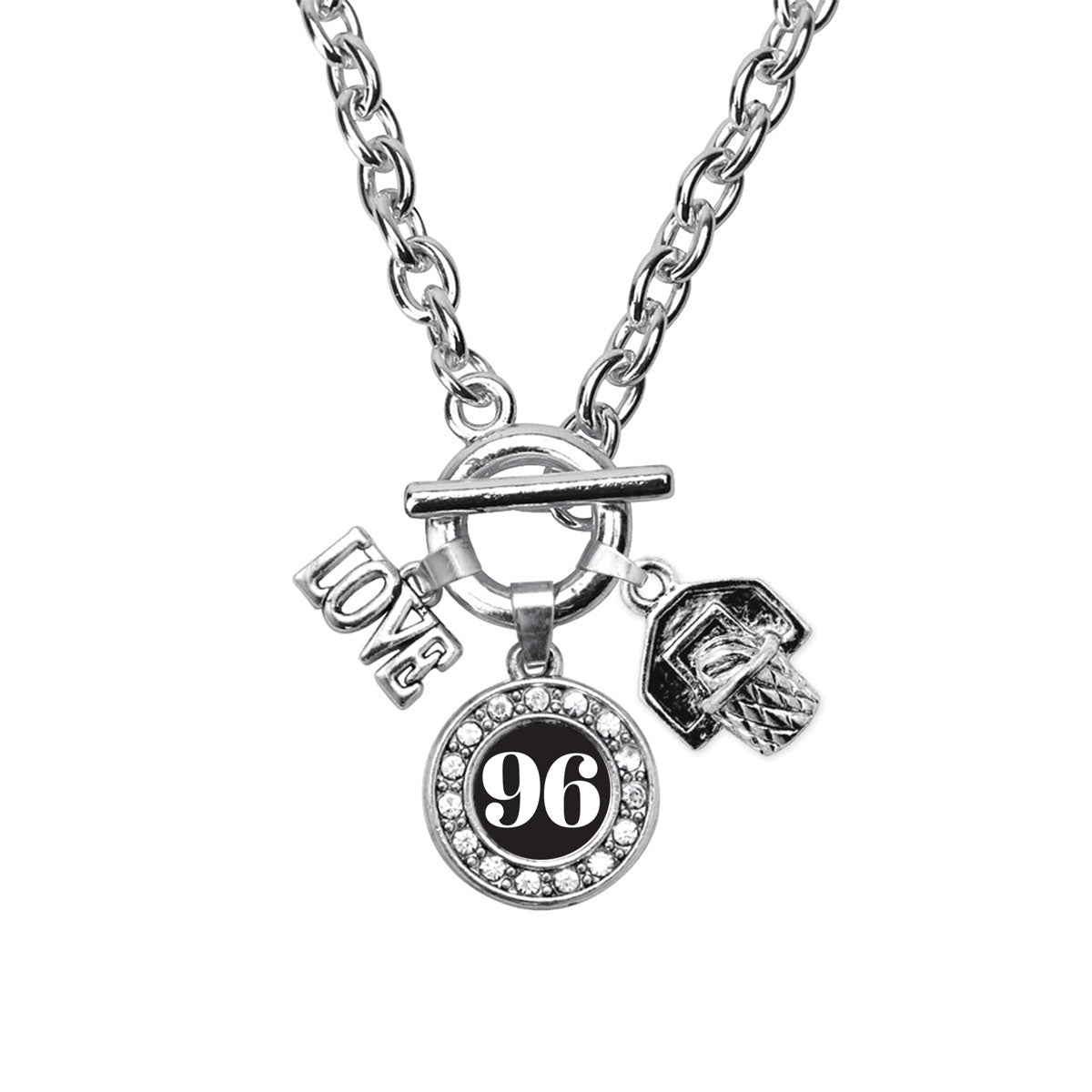 Silver Basketball Hoop - Sports Number 96 Circle Charm Toggle Necklace