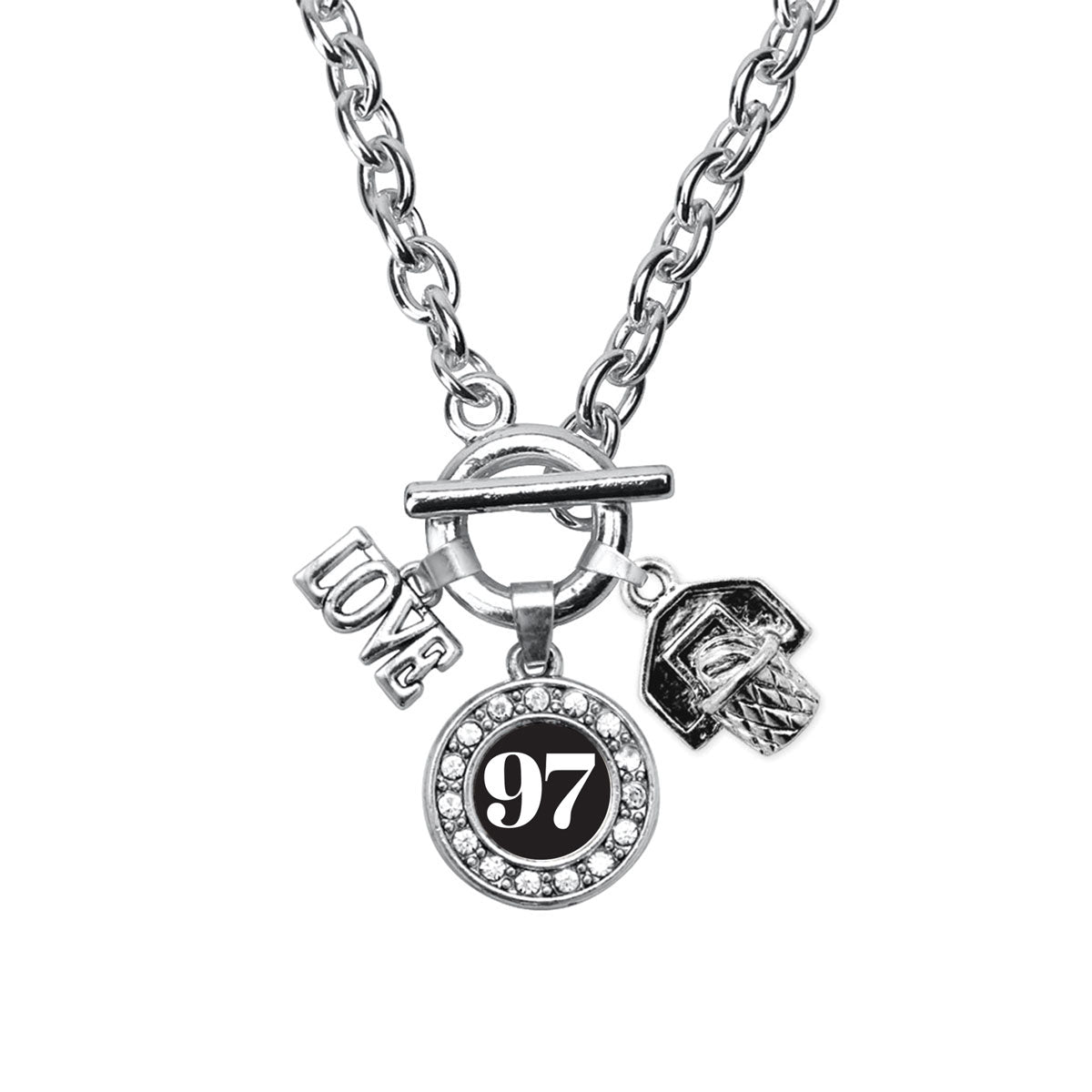 Silver Basketball Hoop - Sports Number 97 Circle Charm Toggle Necklace