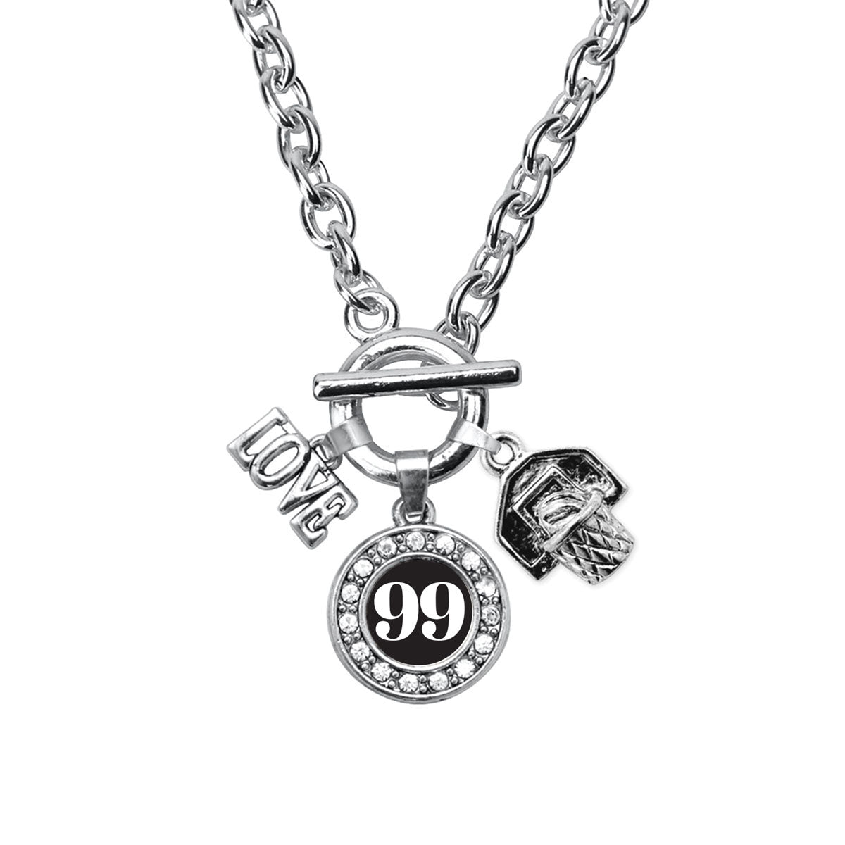 Silver Basketball Hoop - Sports Number 99 Circle Charm Toggle Necklace