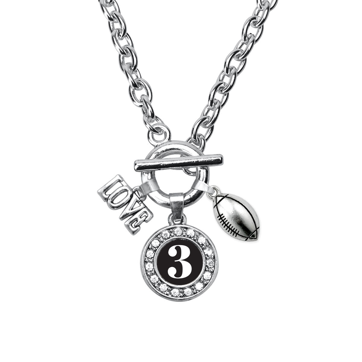 Silver Football - Sports Number 3 Circle Charm Toggle Necklace