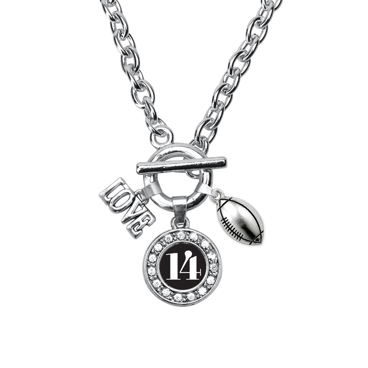Silver Football - Sports Number 14 Circle Charm Toggle Necklace