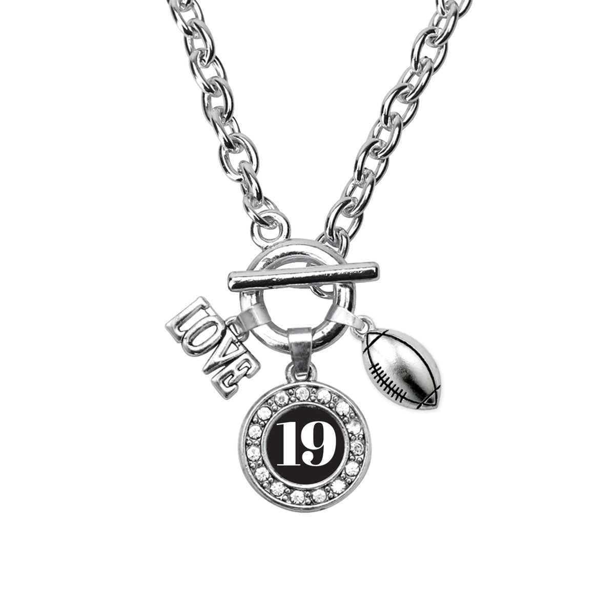 Silver Football - Sports Number 19 Circle Charm Toggle Necklace